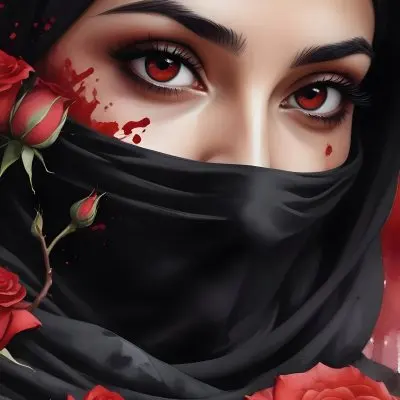 A Middle Eastern Woman 25 Years Old With Red Eyes And Black Hijab Red Roses In The Foreground Dark Background 7 Efba