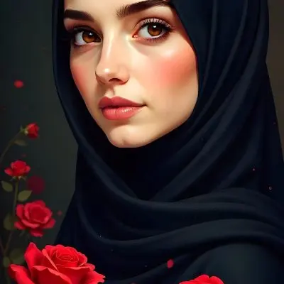 A Middle Eastern Woman 25 Years Old With Red Eyes And Black Hijab Red Roses In The Foreground Dark Background 9 A295