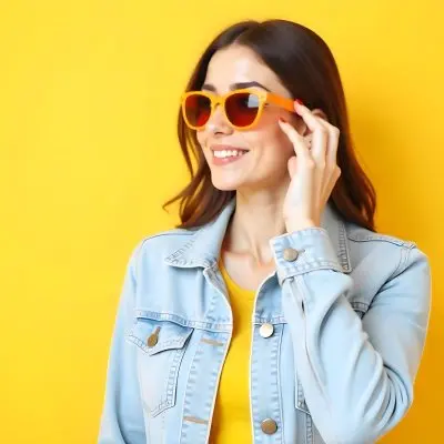 A Middle Eastern Woman Age 22 With Brown Hair And Orange Sunglasses Wearing A Denim Jacket With A Yellow Background 23 E4fa