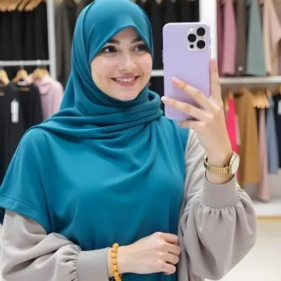 A Middle Eastern Woman Light Skin Age 28 With A Blue Hijab Taking A Selfie With A Purple Phone In A Clothing Store 12 F56c