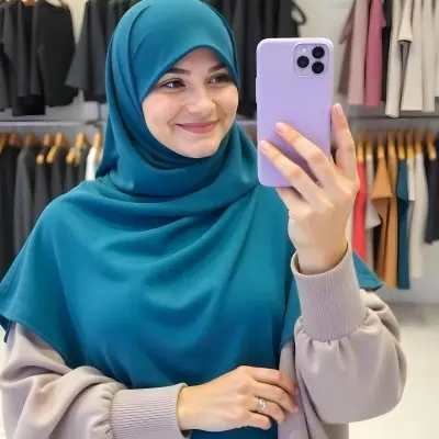 A Middle Eastern Woman Light Skin Age 28 With A Blue Hijab Taking A Selfie With A Purple Phone In A Clothing Store 28 2acc