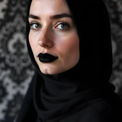 A Middle Eastern Woman With Fair Skin Black Hijab 25 Years Old Black Lipstick In A Black And White Damask Background 11 E6da