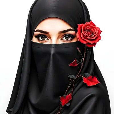 A Muslim Woman 22 Years Old Light Skin With A Red Hijab And A Red Rose In A Black Background 19 8fd1