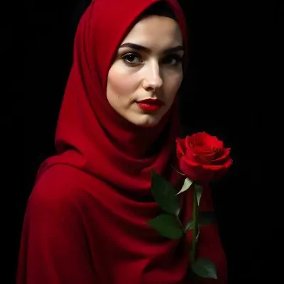 A Muslim Woman 22 Years Old Light Skin With A Red Hijab And A Red Rose In A Black Background 22 16b2