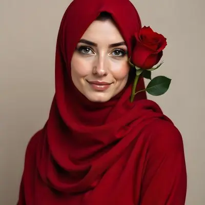 A Muslim Woman 22 Years Old Light Skin With A Red Hijab And A Red Rose On The Side Studio Shot 13 2d19