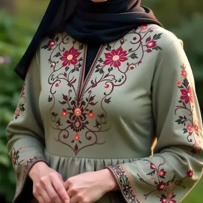 A Muslim Woman 30 Years Old Olive Skin Wearing A Hijab And A Long Dress With Embroidery In A Garden 17 F646