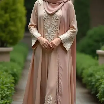 A Muslim Woman 30 Years Old Olive Skin Wearing A Hijab And A Long Dress With Embroidery In A Garden 21 7531