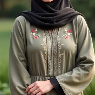 A Muslim Woman 30 Years Old Olive Skin Wearing A Hijab And A Long Dress With Embroidery In A Garden 25 F2d7