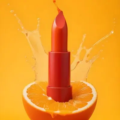 A Orange Lipstick On A Half Orange With A Splash Of Juice On A Red Background 22 895f