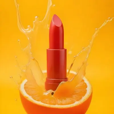 A Orange Lipstick On A Half Orange With A Splash Of Juice On A Red Background 3 B6ef