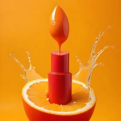 A Orange Lipstick On A Half Orange With A Splash Of Juice On A Red Background 31 E97c