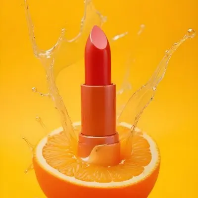 A Orange Lipstick On A Half Orange With A Splash Of Juice On A Red Background 33 F142