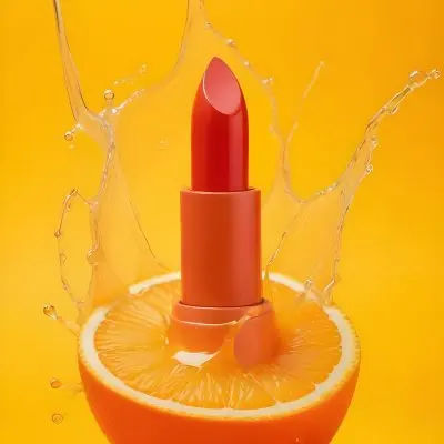 A Orange Lipstick On A Half Orange With A Splash Of Juice On A Red Background 35 F8a2