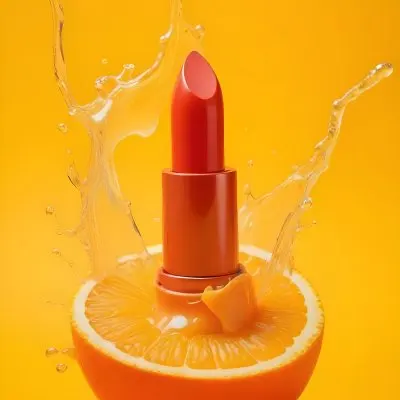 A Orange Lipstick On A Half Orange With A Splash Of Juice On A Red Background 47 157c