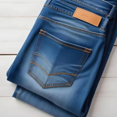 A Pair Of Blue Jeans With A Back Pocket Placed On A White Wooden Surface Showcasing The Texture And Color Of The Denim 1 E43c