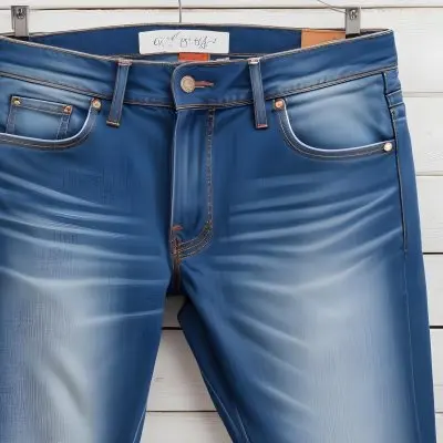 A Pair Of Blue Jeans With A Back Pocket Placed On A White Wooden Surface Showcasing The Texture And Color Of The Denim 11 545a
