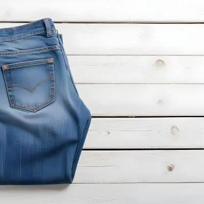 A Pair Of Blue Jeans With A Back Pocket Placed On A White Wooden Surface Showcasing The Texture And Color Of The Denim 25 3746