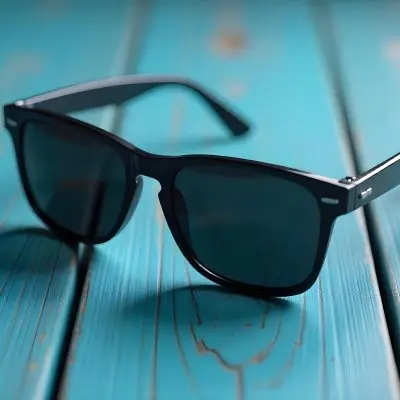 A Pair Of Dark Sunglasses On A Blue Wooden Surface The Wood Has A Distressed Look With Light Brown Undertones 21 96fb