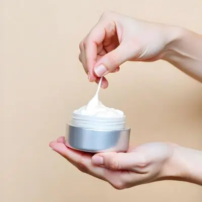 A Pair Of Fair Skinned Hands Holding A Silver Jar Of White Cream One Finger Touching The Cream Plain Background 23 425f