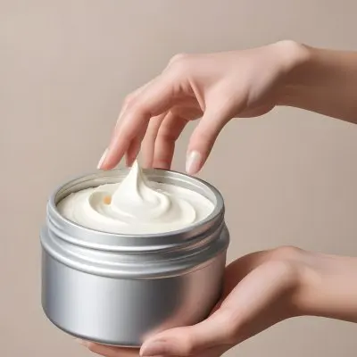 A Pair Of Fair Skinned Hands Holding A Silver Jar Of White Cream One Finger Touching The Cream Plain Background 25 12b6