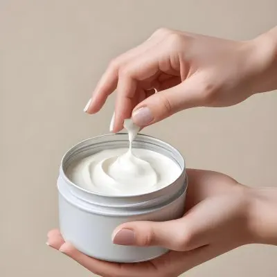 A Pair Of Fair Skinned Hands Holding A Silver Jar Of White Cream One Finger Touching The Cream Plain Background 26 Ba29