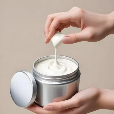 A Pair Of Fair Skinned Hands Holding A Silver Jar Of White Cream One Finger Touching The Cream Plain Background 27 E8bd