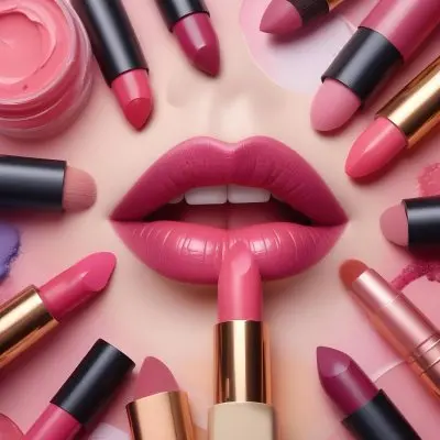 A Pair Of Lips With Pink Lipstick Surrounded By Lipsticks Makeup Brushes And Other Cosmetic Products On A Pink Background 26 7610