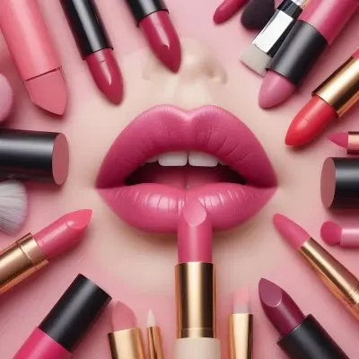 A Pair Of Lips With Pink Lipstick Surrounded By Lipsticks Makeup Brushes And Other Cosmetic Products On A Pink Background 7 F183