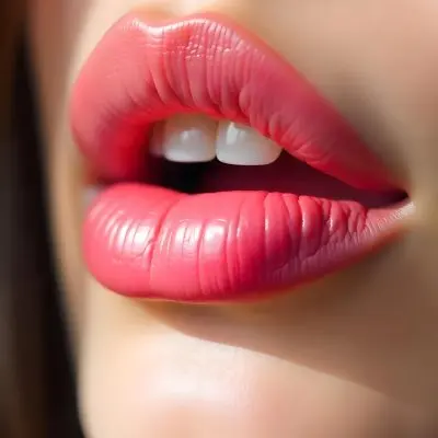 A Pair Of Pink Lips With A Shiny Gloss The Skin Around The Lips Is Light And Smooth The Background Is Blurred And Out Of Focus 40 9168