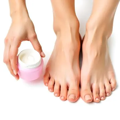 A Pair Of Woman S Feet With Fair Skin And A Hand Holding A White Jar With Cream On A White Background 11 5c32