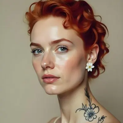 A Pale Skin Caucasian Woman 22 Years Old Red Curly Hair Flower Tattoo On Her Neck Flower Earrings Light Makeup In A Studio With A Beige Background 10 2475
