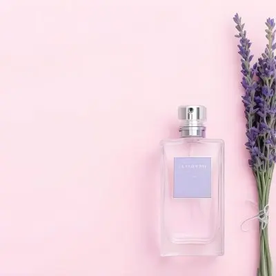 A Perfume Bottle And A Lavender Bouquet On A Pink Background Flat Lay Product Photography Studio Shot Soft Lighting Minimalist Composition Elegant Clean Fresh 25 3632
