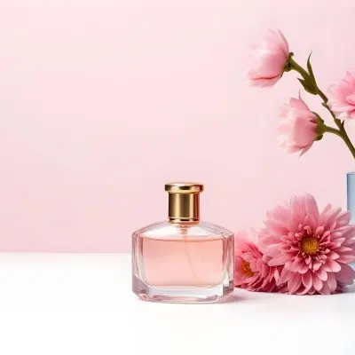 A Perfume Bottle And A Vase With Flowers On A White Surface Pink Background Studio Shot Product Photography Clean And Minimalist Composition 13 65c3