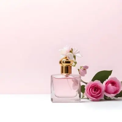 A Perfume Bottle And A Vase With Flowers On A White Surface Pink Background Studio Shot Product Photography Clean And Minimalist Composition 15 Dde7