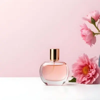 A Perfume Bottle And A Vase With Flowers On A White Surface Pink Background Studio Shot Product Photography Clean And Minimalist Composition 40 89f7