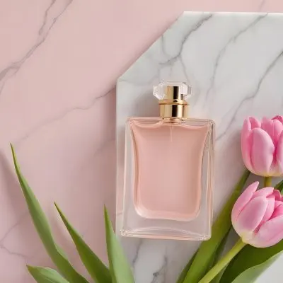 A Perfume Bottle On A Marble Tile Surrounded By Pink Tulips With Green Leaves All Against A Green Background 1 29cc