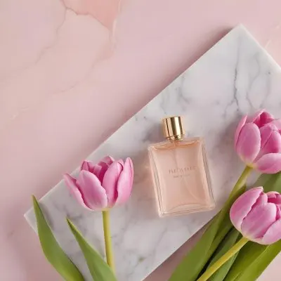 A Perfume Bottle On A Marble Tile Surrounded By Pink Tulips With Green Leaves All Against A Green Background 13 0fd0