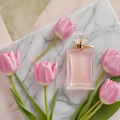 A Perfume Bottle On A Marble Tile Surrounded By Pink Tulips With Green Leaves All Against A Green Background 14 D9b6