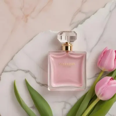 A Perfume Bottle On A Marble Tile Surrounded By Pink Tulips With Green Leaves All Against A Green Background 15 003e