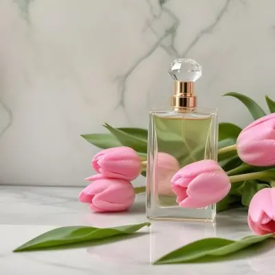 A Perfume Bottle On A Marble Tile Surrounded By Pink Tulips With Green Leaves All Against A Green Background 20 E70c