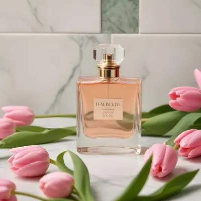A Perfume Bottle On A Marble Tile Surrounded By Pink Tulips With Green Leaves All Against A Green Background 22 8956
