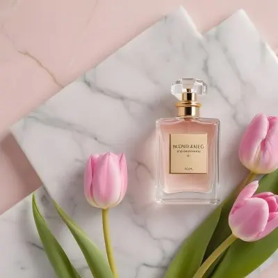 A Perfume Bottle On A Marble Tile Surrounded By Pink Tulips With Green Leaves All Against A Green Background 23 1c7d