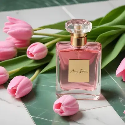 A Perfume Bottle On A Marble Tile Surrounded By Pink Tulips With Green Leaves All Against A Green Background 28 4b79