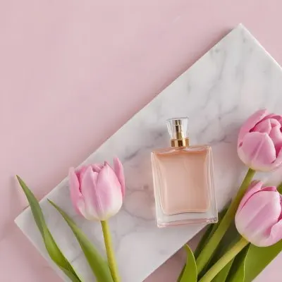 A Perfume Bottle On A Marble Tile Surrounded By Pink Tulips With Green Leaves All Against A Green Background 34 0fb7