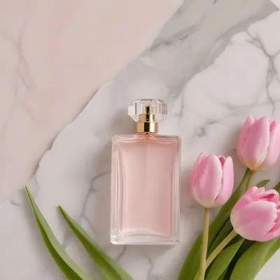 A Perfume Bottle On A Marble Tile Surrounded By Pink Tulips With Green Leaves All Against A Green Background 38 882d