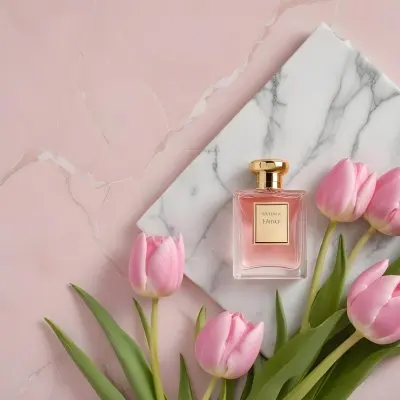 A Perfume Bottle On A Marble Tile Surrounded By Pink Tulips With Green Leaves All Against A Green Background 40 22ca