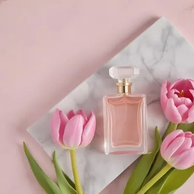 A Perfume Bottle On A Marble Tile Surrounded By Pink Tulips With Green Leaves All Against A Green Background 41 1dad