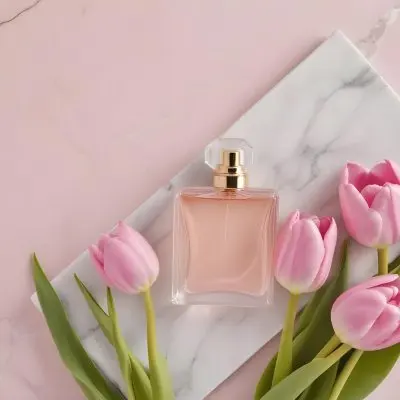 A Perfume Bottle On A Marble Tile Surrounded By Pink Tulips With Green Leaves All Against A Green Background 44 9c37