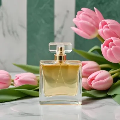 A Perfume Bottle On A Marble Tile Surrounded By Pink Tulips With Green Leaves All Against A Green Background 45 Fc45