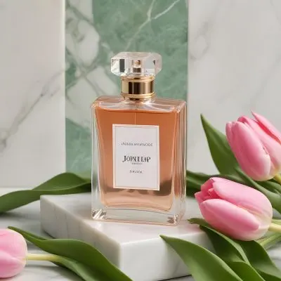 A Perfume Bottle On A Marble Tile Surrounded By Pink Tulips With Green Leaves All Against A Green Background 50 4da9